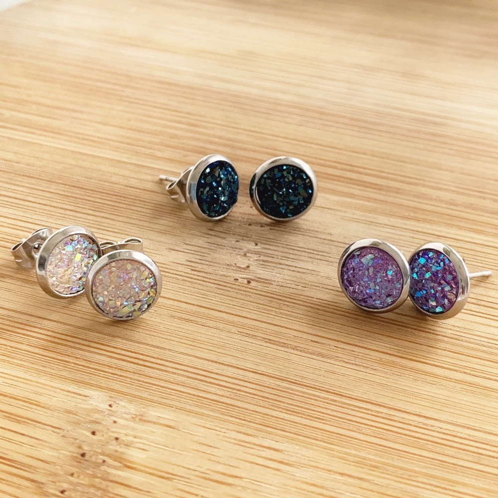 NWT Blue Druzy Surgical Steel Stud Earrings – 8mm, Hypoallergenic - Picture 9 of 10